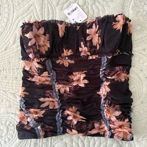 Free People Black & Tan Ruched Floral Tube Top